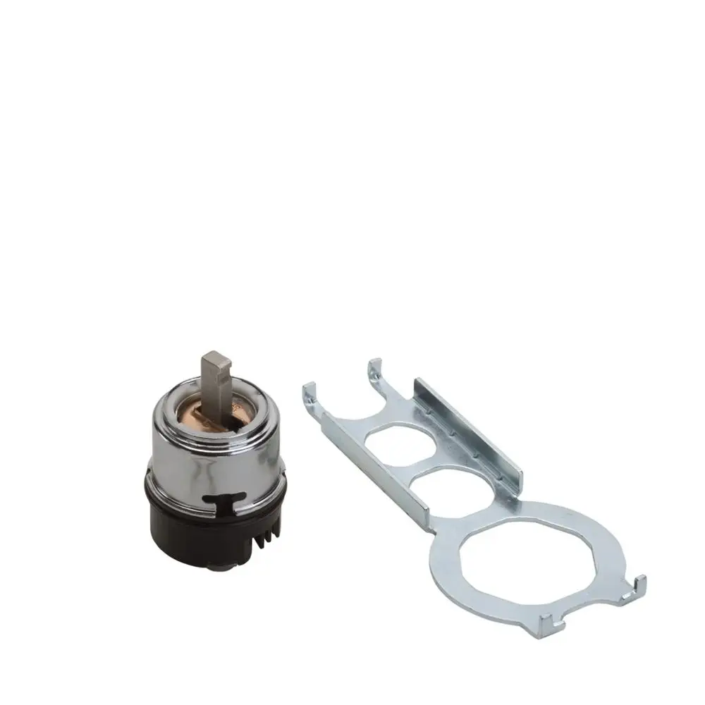 Hansgrohe Kartusche mit unverbindlichem Mundduschenanschluss, bestehend aus einem runden Element mit zentralem Hebel und einer metallischen Halterung.